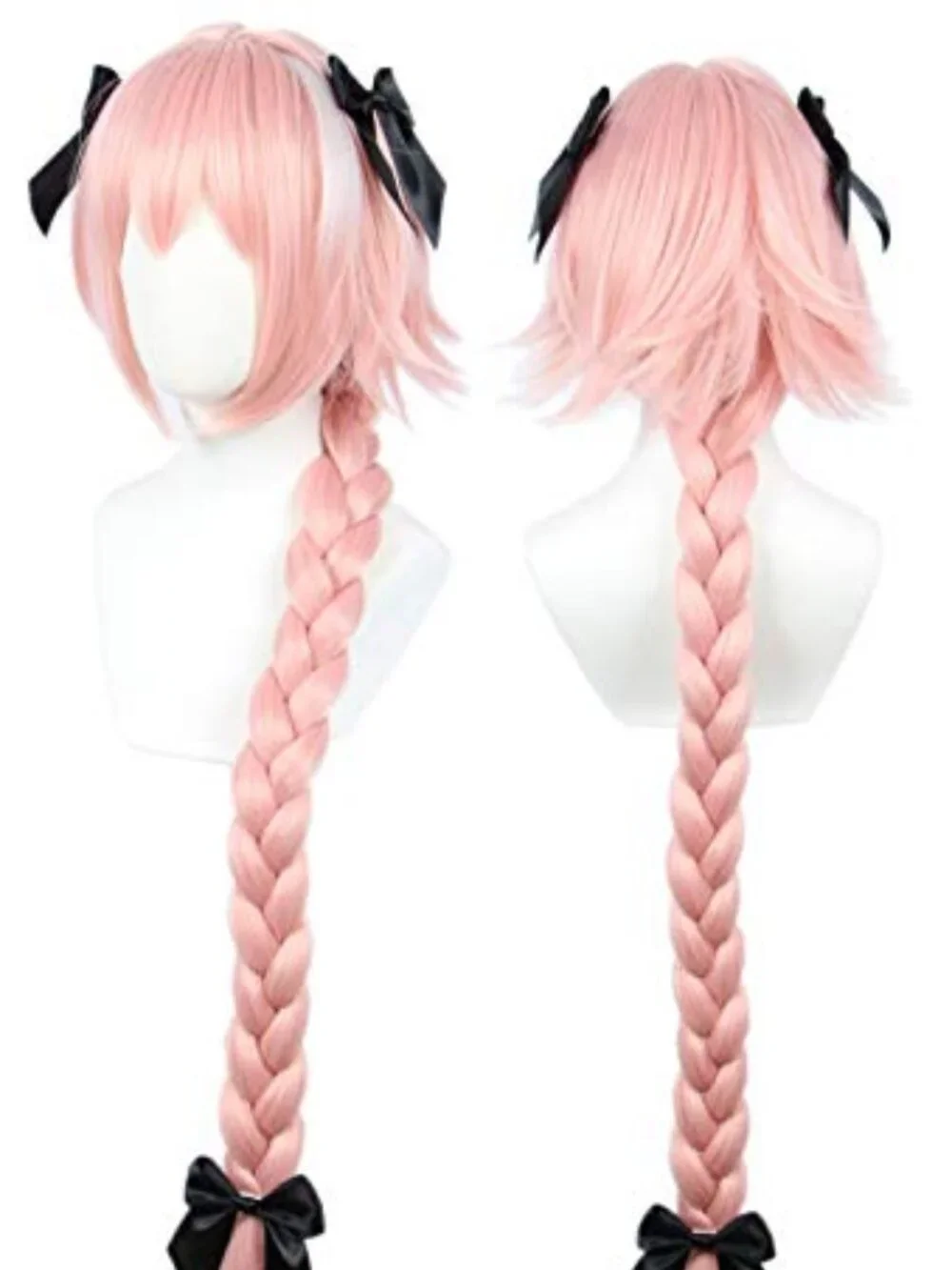 Long‎ pink Cosplay Wig with 3 Bowknot Halloween Costume Wig for Women Braid Hair